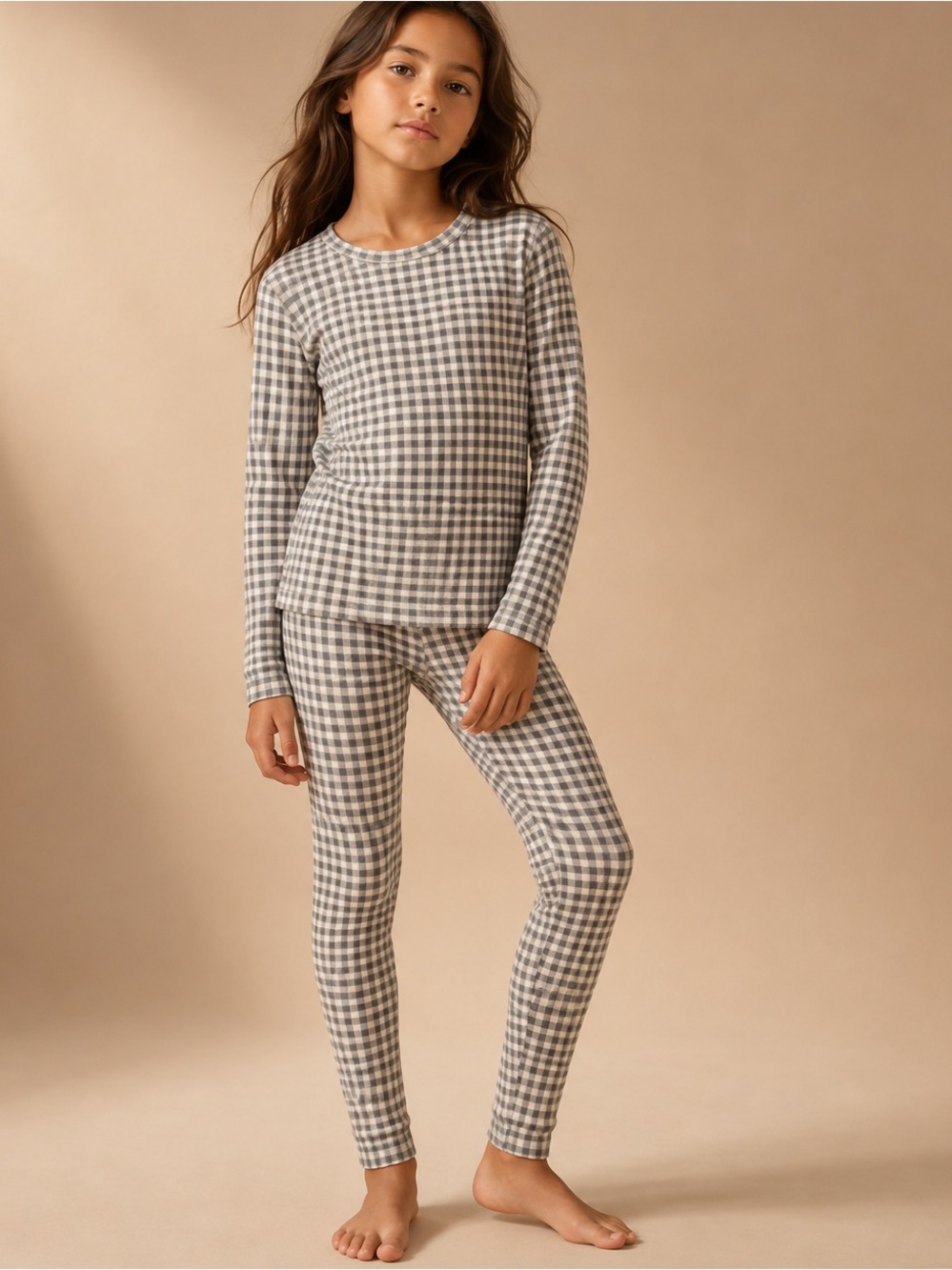 Kids Gray Gingham Pajama Set - Soft Long Sleeve Top & Leggings Size 7
